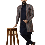 Stunning Mirror Embroidered Grey Open Sherwani with Navy Blue Kurta Pajama for Men - Father Son Combo | Jaipurio